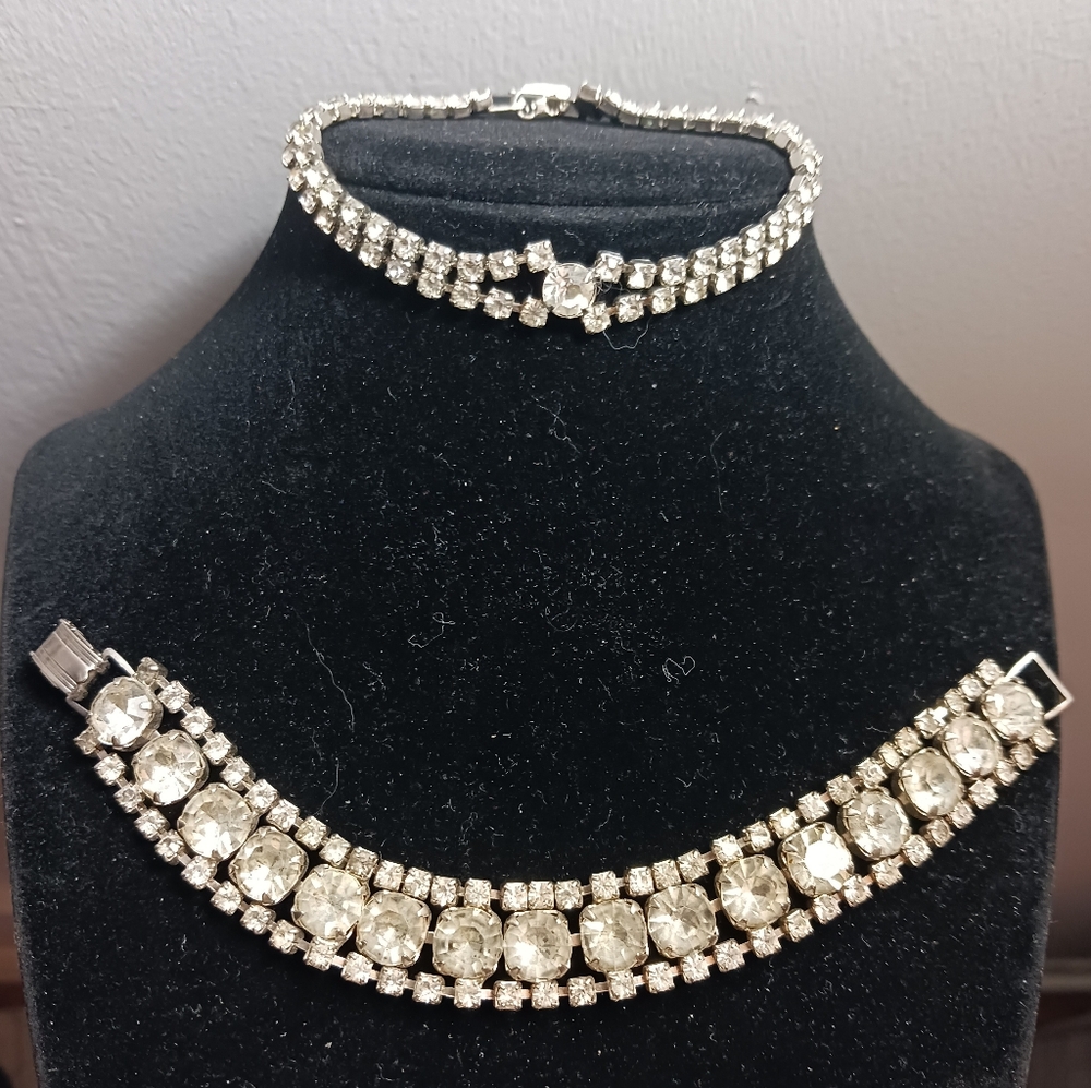 2 Vintage Double Strand Rhinestone Bracelets, 1940s-50s Excellent Condition